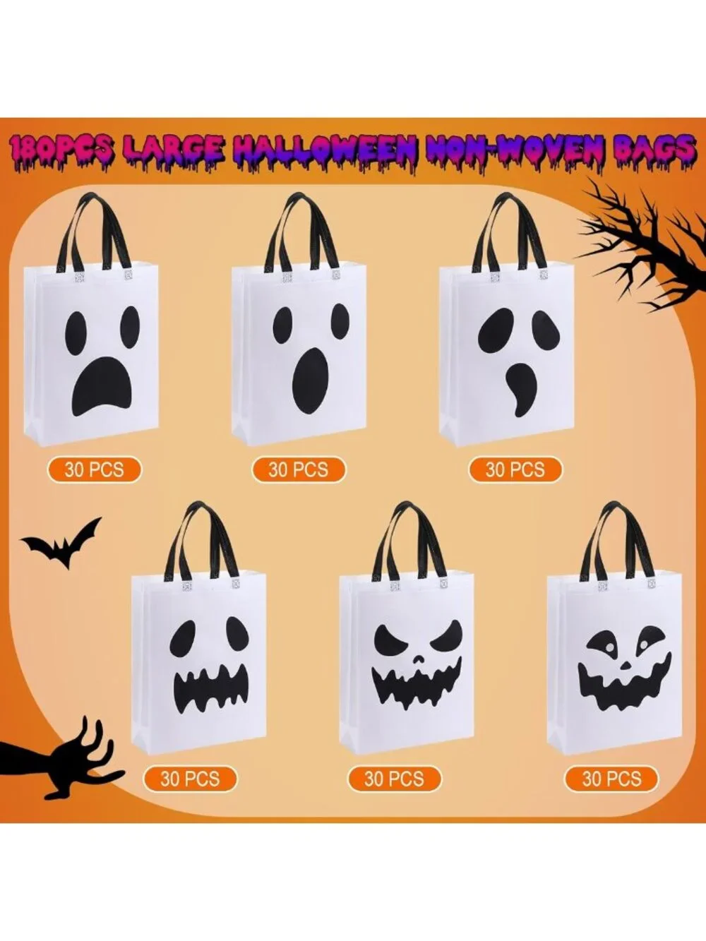 180 Pcs Large Halloween Tote Bags - Reusable Ghost Treat Bags for Candy